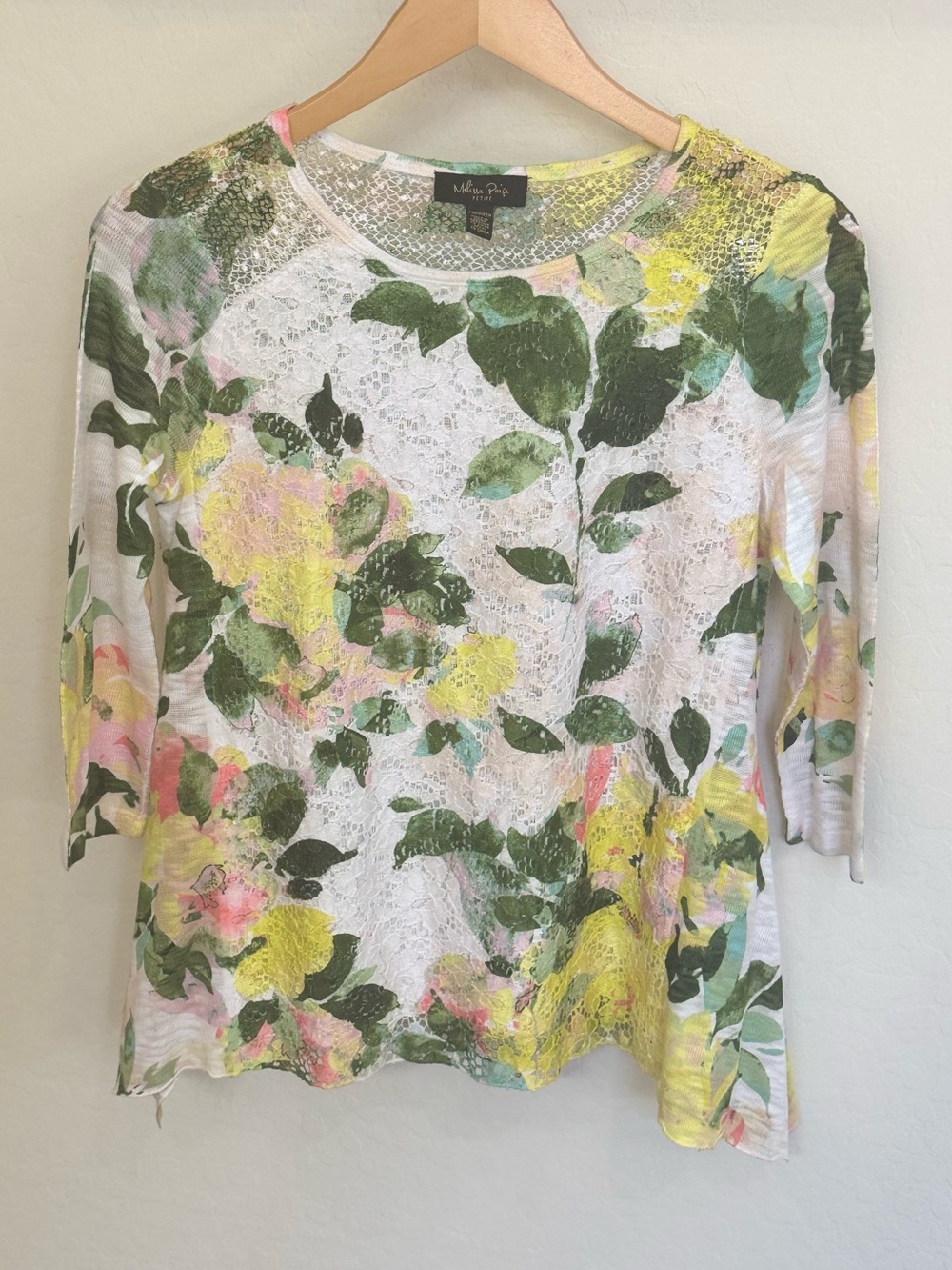 Melissa Paige Petite Floral Boho Knit Tunic Blouse 3/4 Sleeve Asymmetric Size PS